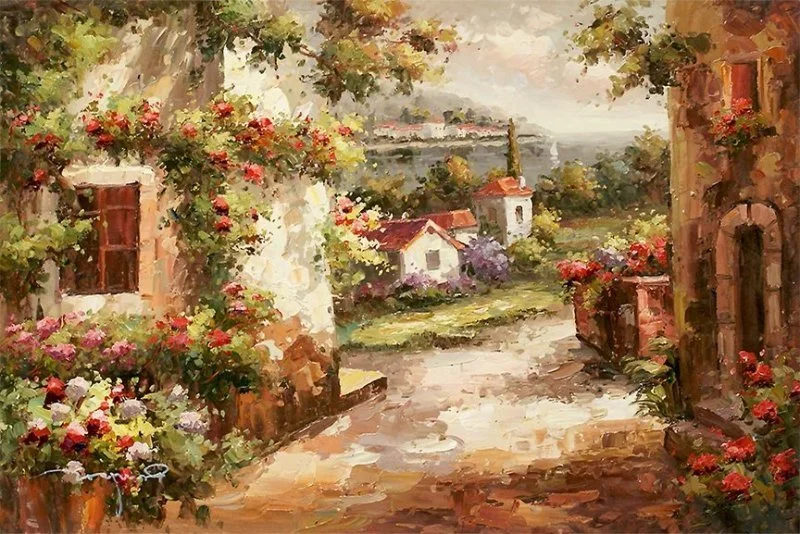 Hand-painted Tuscany village lane with flower-covered stone houses and a distant bay