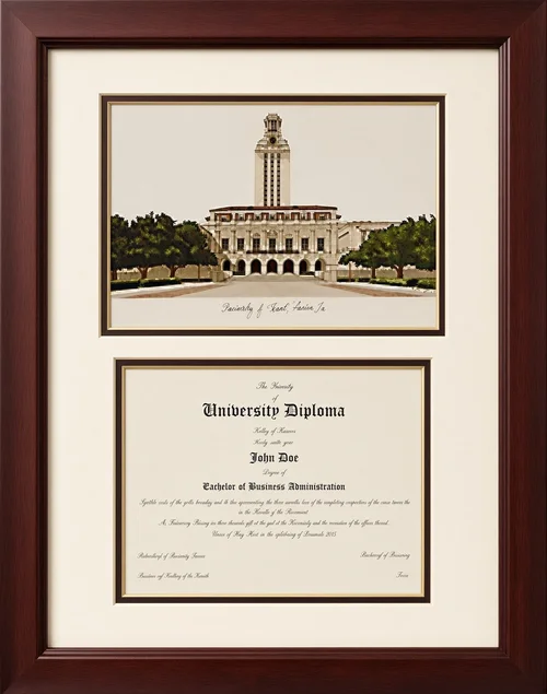 Custom framed university diploma with a campus drawing, cream double mat and cherry wood frame