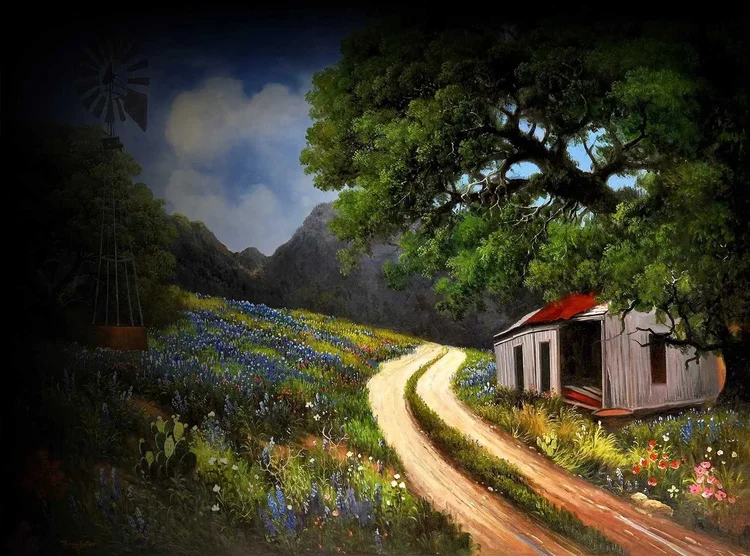 Hand-painted Texas Hill Country painting of a bluebonnet road and a barn under live oaks