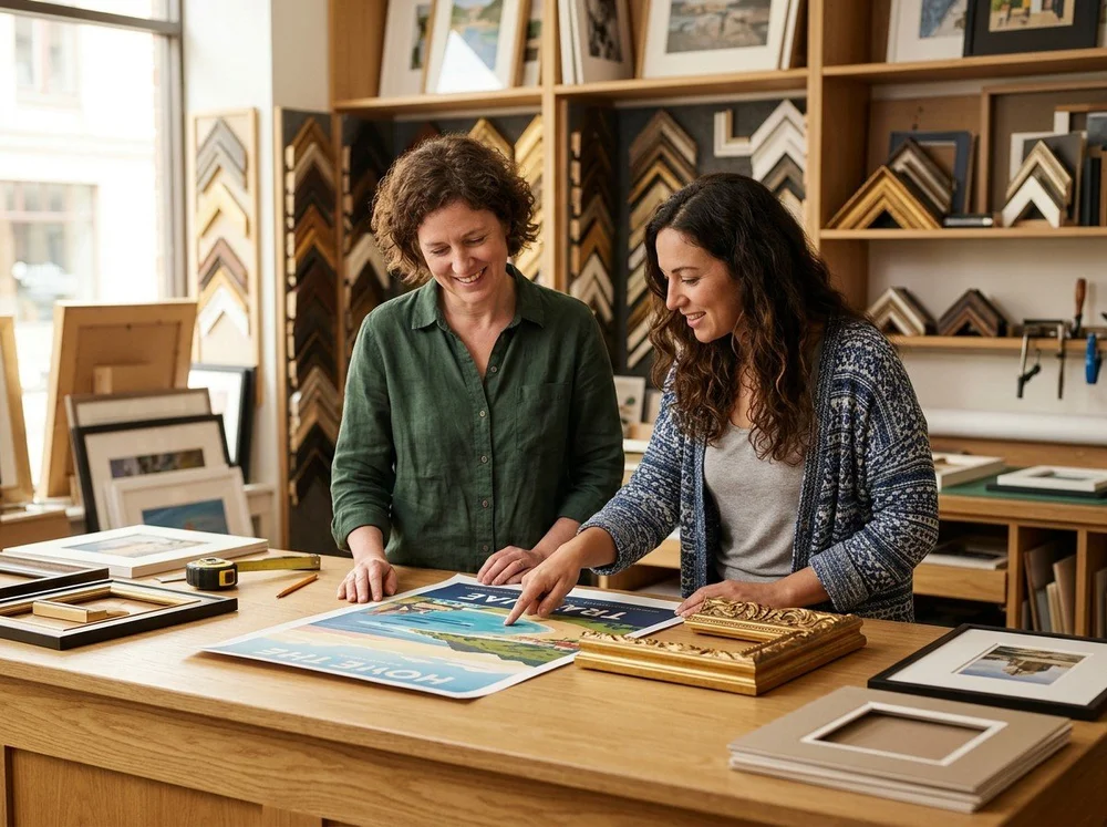 Customer and frame designer comparing frame corner samples at a custom framing design counter