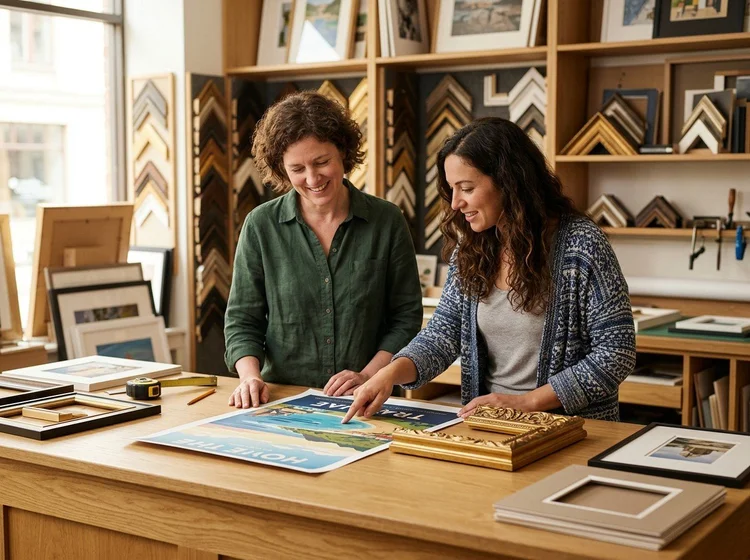 Customer and frame designer comparing frame corner samples at a custom framing counter