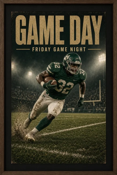 Framed football poster titled Game Day with a black mat in a dark wood frame