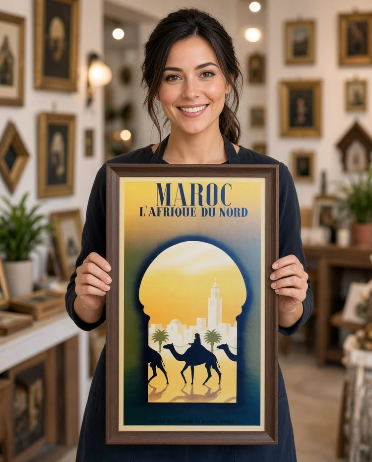 Framer in a dark apron holding a framed vintage Morocco travel poster in a frame shop