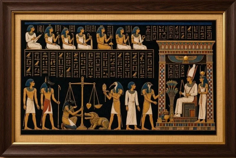 Egyptian papyrus of the weighing of the heart scene, custom framed by The Frame Gallery in San Antonio