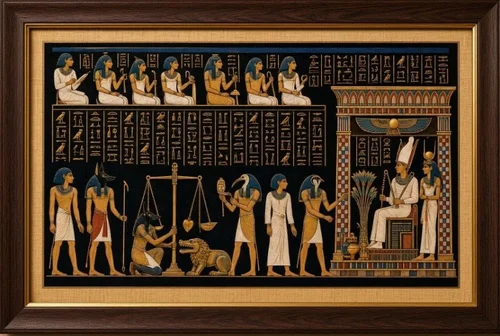 Egyptian papyrus of the weighing of the heart ceremony, custom framed under glass in San Antonio