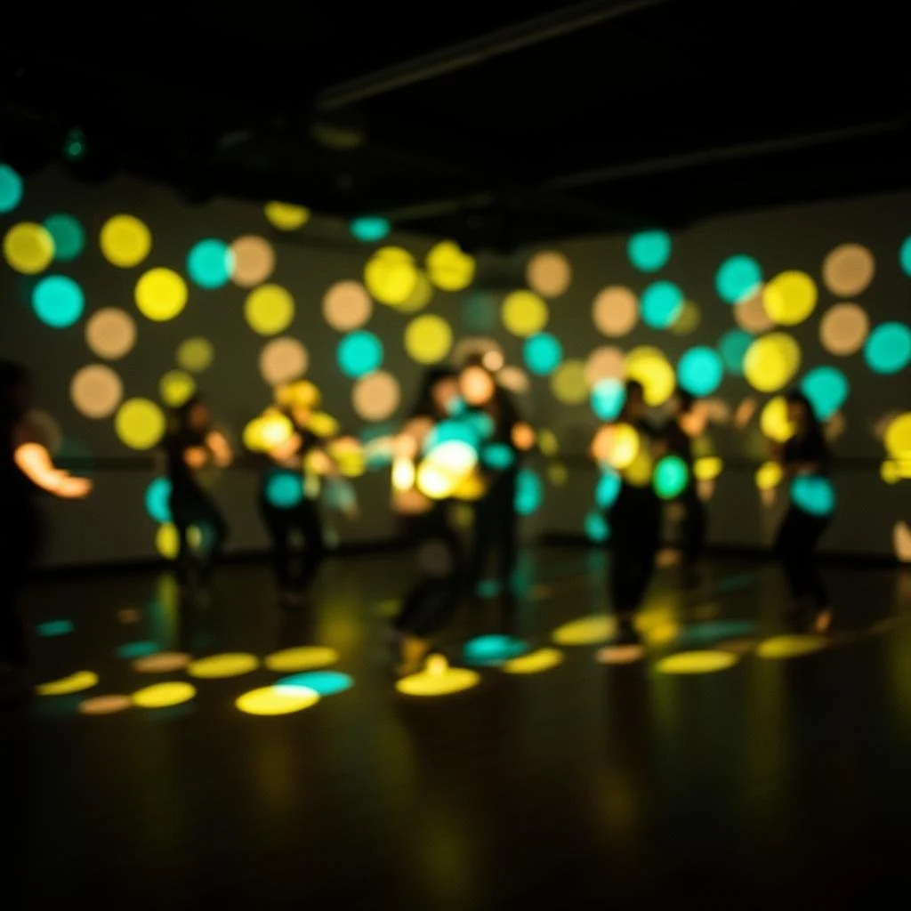 A group of people dancing in a dark room with colorful circular lights projected on the wall and floor.