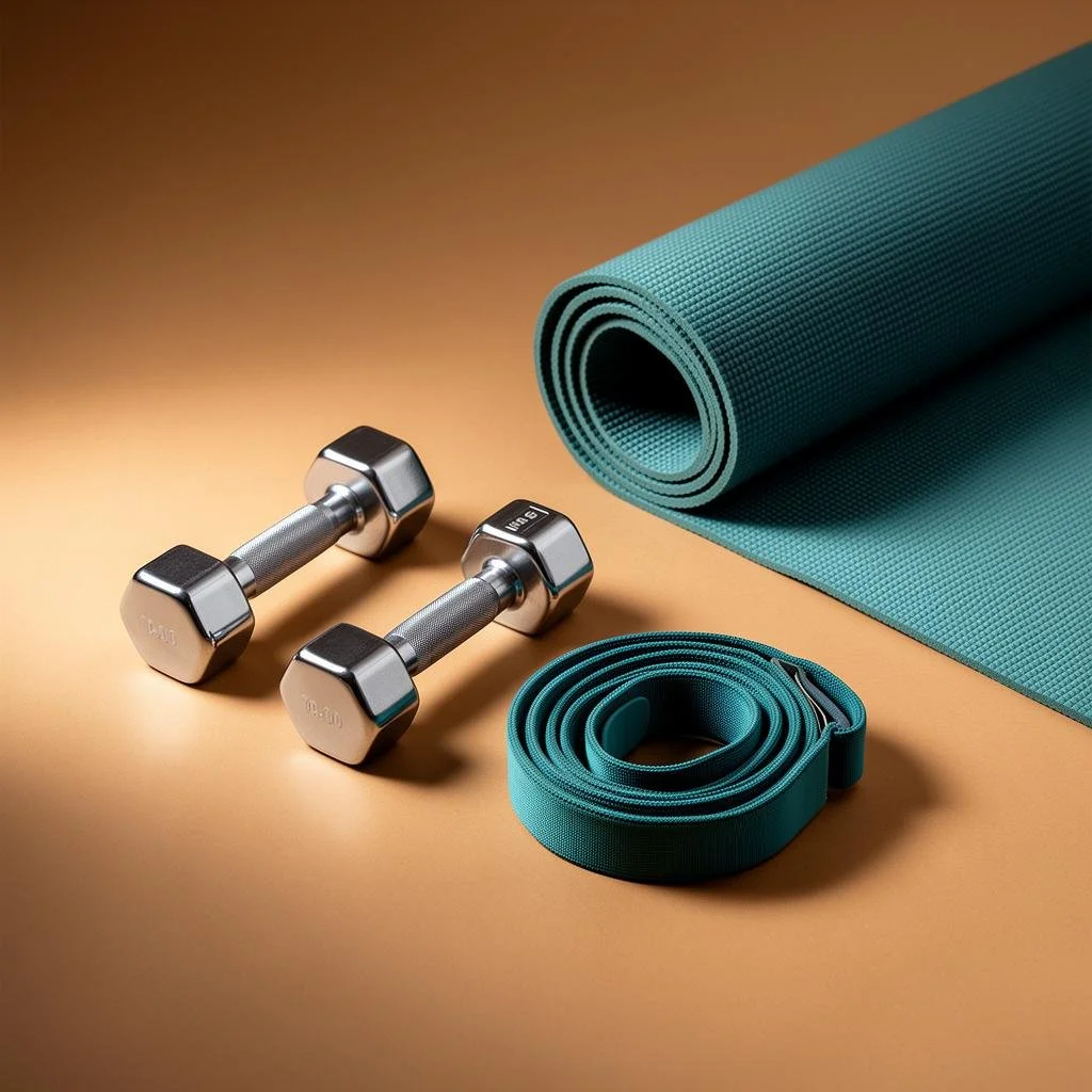 A set of home fitness equipment including a rolled-up yoga mat, a rolled-up exercise strap, and a pair of silver dumbbells with textured handles on a tan surface.