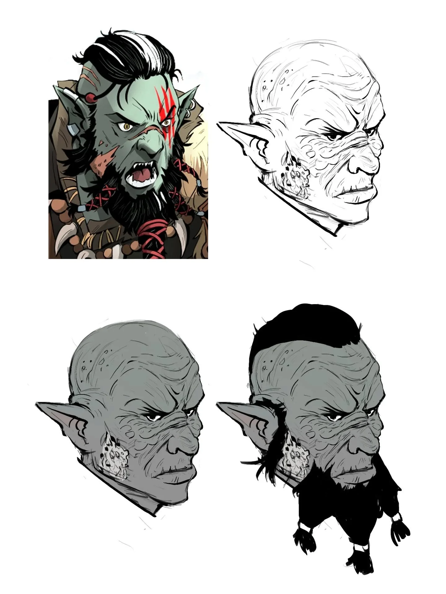 Some concept work for my orc mask during the sculpting phase. Started with the full illustration portrait as a reference and made it a more realistic approach.  Added some various facial and wound details then hair and different camera angle for the 
