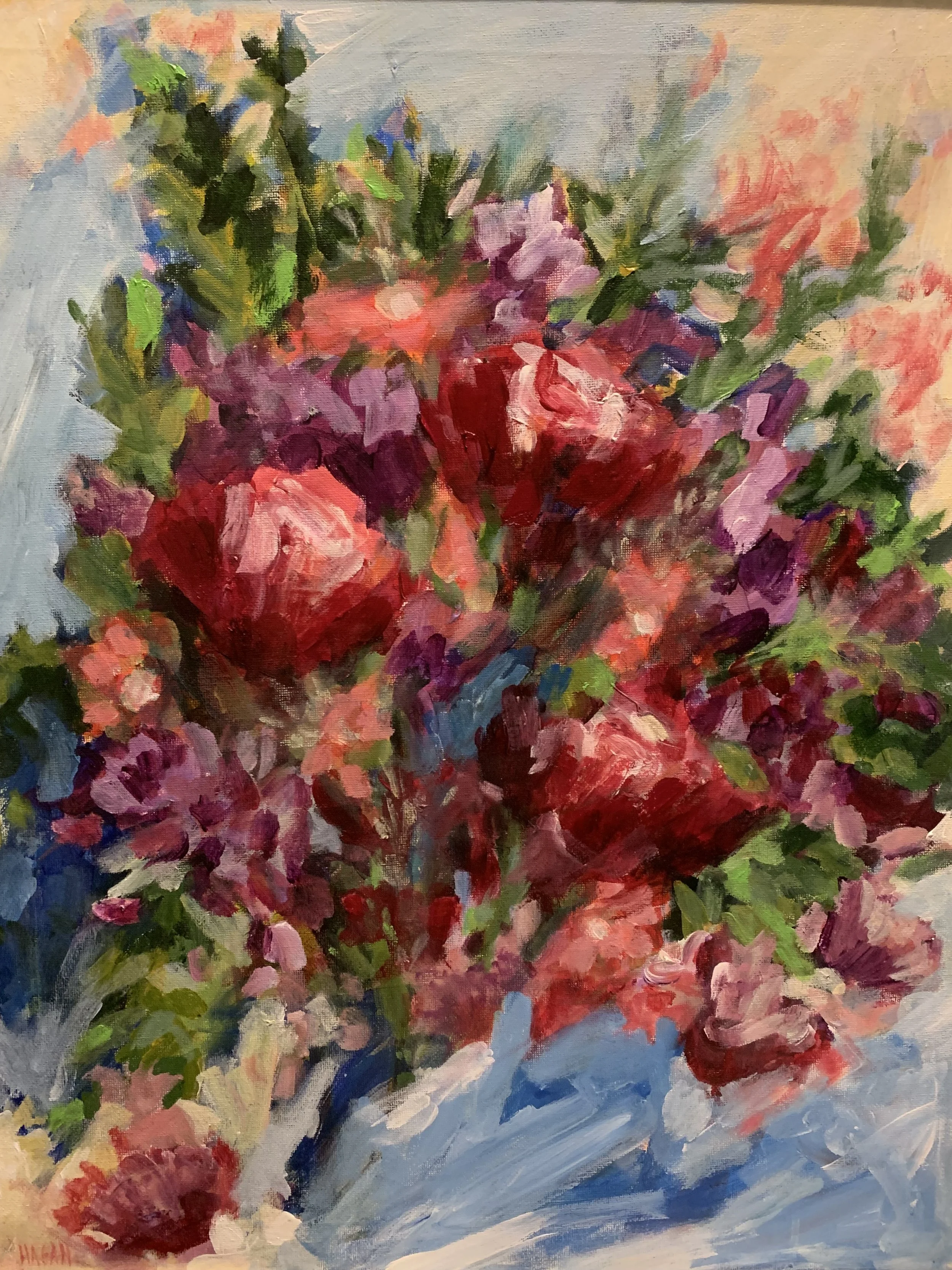Five Red Flowers Modern Floral - 16 x 20, Acrylic on Canvas