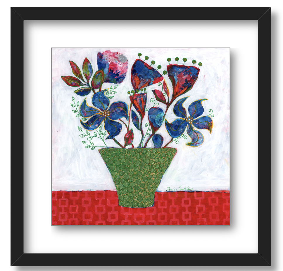 blue and red on orange table