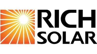 Rich Solar logo with a stylized sun and orange gradient rays on the left, and the words "RICH SOLAR" in bold black text on the right.