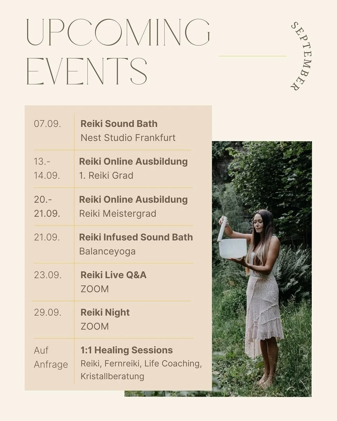 September Specials. 🌻🍂🌞
Here we go ihr Lieben! Der September steht ganz im Zeichen von R E I K I - kommende Woche startet eine neue Ausbildungsrunde mit dem 1. Reiki Grad und f&uuml;r alle, die bereits die ersten beide Grade absolviert haben, geht
