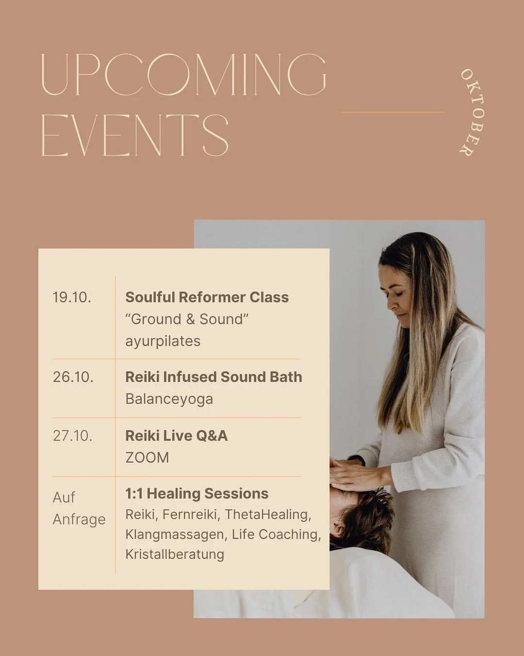 Oktober Specials.

🍁 19.10. Soulful Reformer Class mit Sarah der zauberhaften Gr&uuml;nderin von @ayur_pilates ✨ Gemeinsam machen wir eine Mega Sunday Session &bdquo;Ground &amp; Sound&ldquo; l&auml;dt dich zu einer erdenden Reformer Class mit ansch