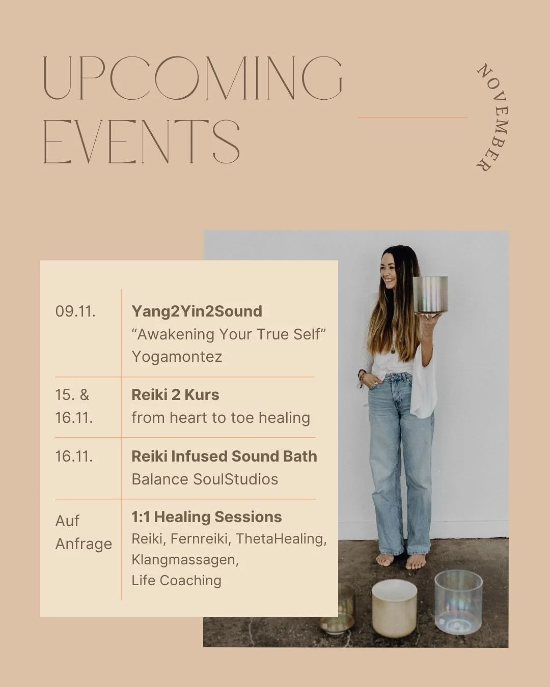 November - ich freue mich auf dich!
Und auf euch 💋 

P.S.: Es gibt im 2. Reiki Grad Kurs noch ein Pl&auml;tzchen. Who&lsquo;s ready? Wer schnappt sich den Platz? ✨🤲🏼✨

REIKI
SOUND HEALING 
THETA HEALING 
REIKI AUSBILDUNG