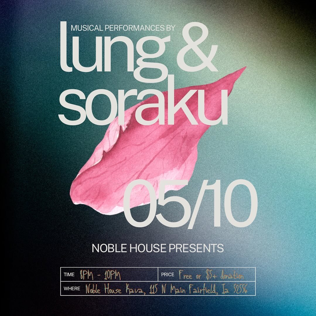 Nobe House Presents music from Lung &amp; Soraku:

May 10th, 2024 // 8pm

Free or $5+ suggested donation.

Lung // Powerhouse electric cello + drum duo

Cincinnati, OH-based powerhouse art-punk cello-rock duo Lung has a dark and commanding sound, evo