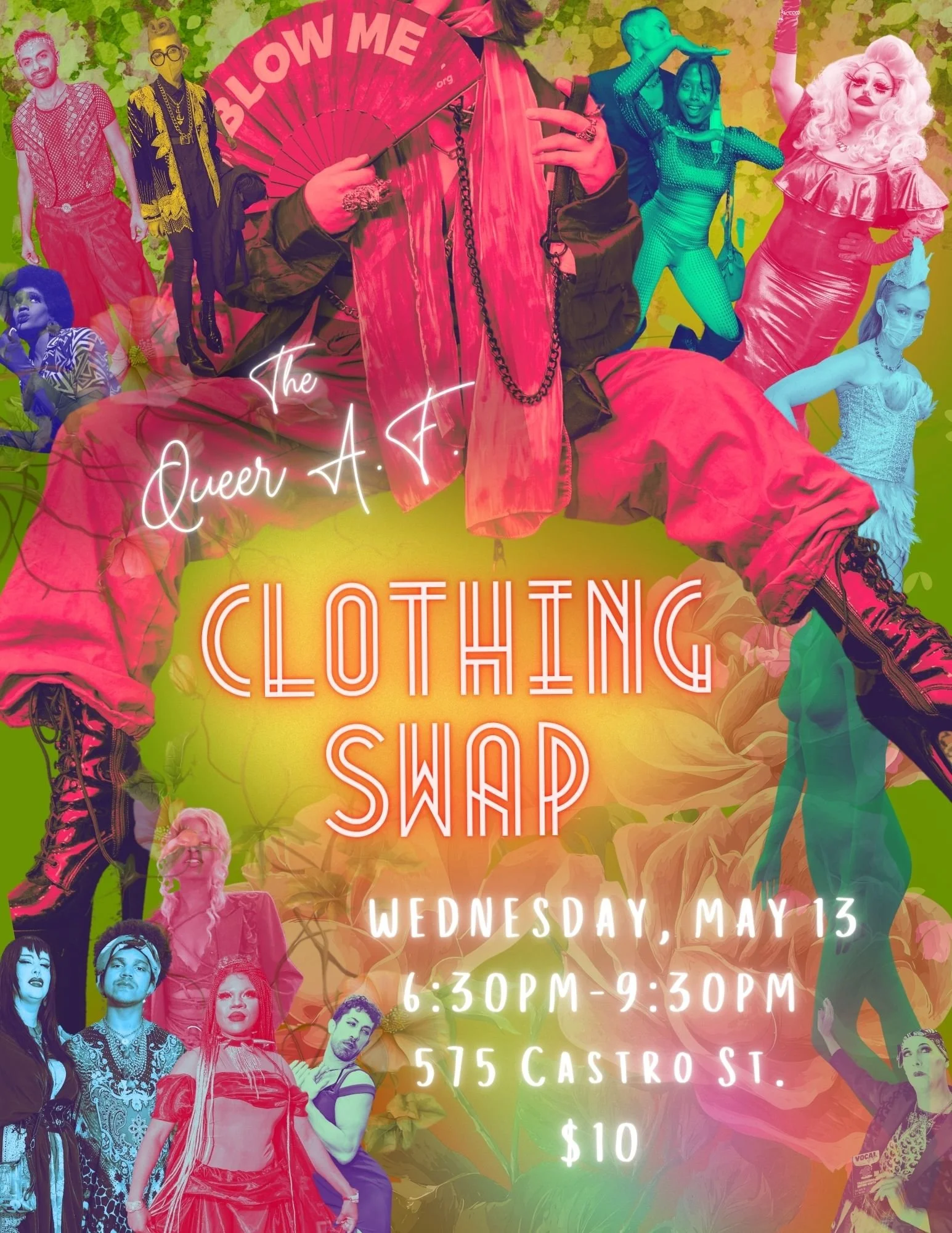 Five beautiful people of different genders and backgrounds standing in the most Queer and fabulous of clothes