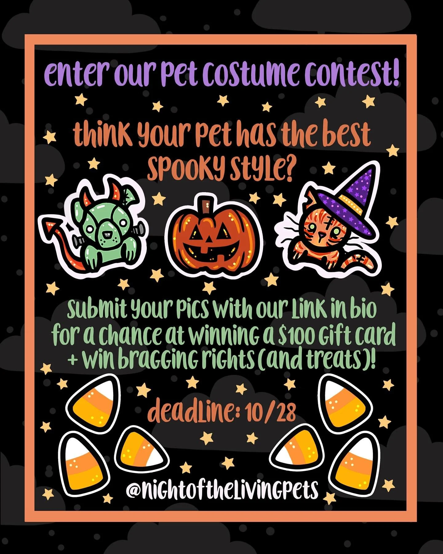 Our Pet Costume Contest is officially O P E N ๐ปโจ
Pumpkins, ghosts, witches or the most unexpected fits…we want to see your pets dressed to impress or scare us! 
๐ธ Submit your costume photos through the linktree in our bio. 
Spooky. Silly.