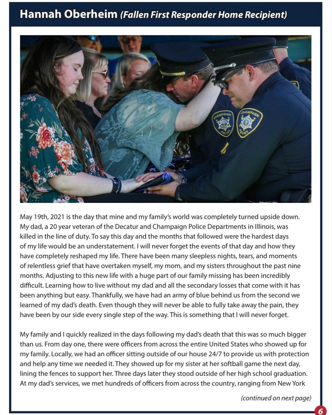 @tunnel2towers is a wonderful organization that supports families of fallen first responders. Hannah Oberheim, daughter of fallen Officer Chris Oberheim, shared about the moment that changed their family in @tunnel2towers's monthly newsletter 💙🖤