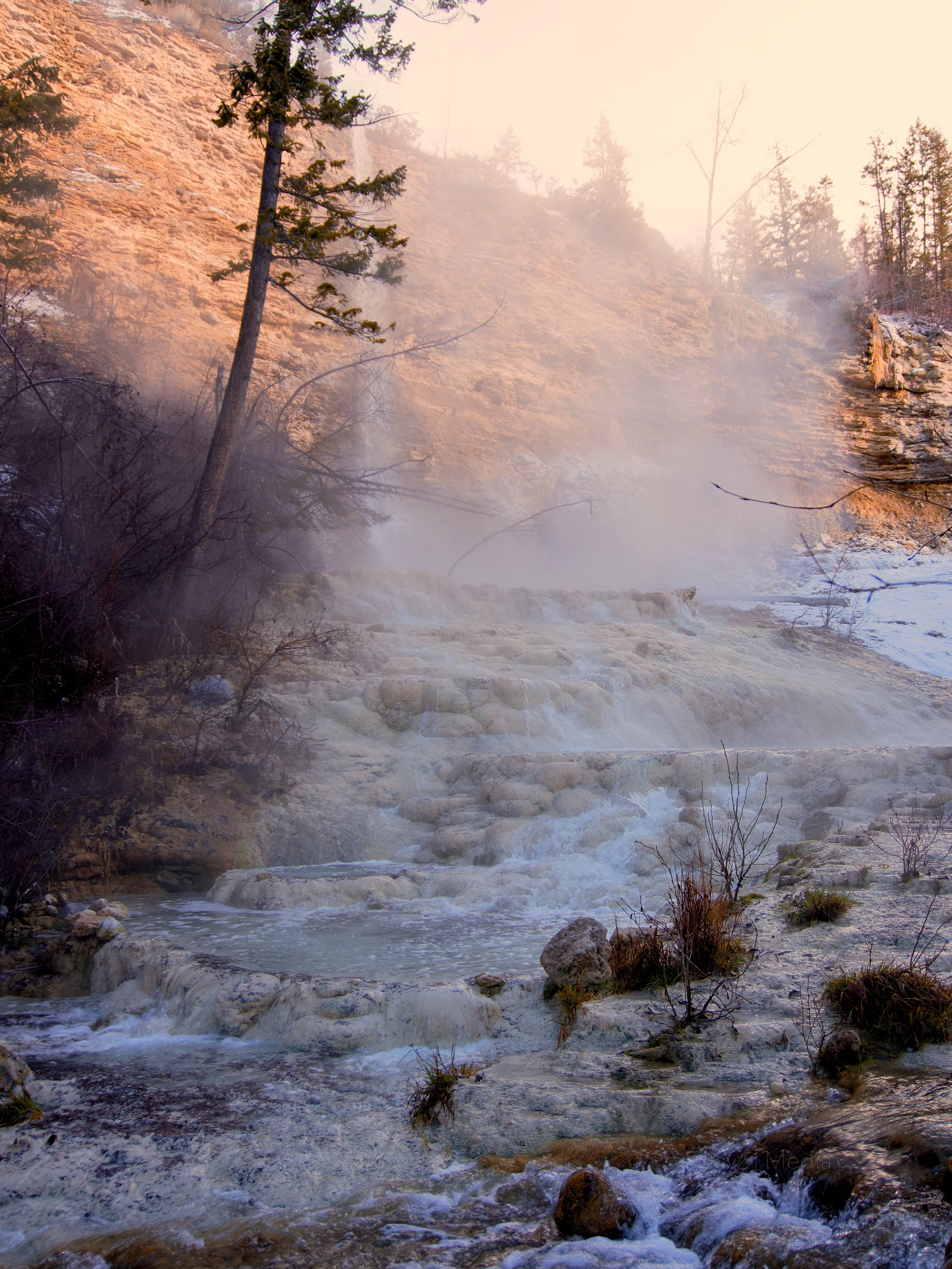 A hot spring with mineral deposits flowing over rocks, surrounded by trees and mist, with a mountain hillside in the background.