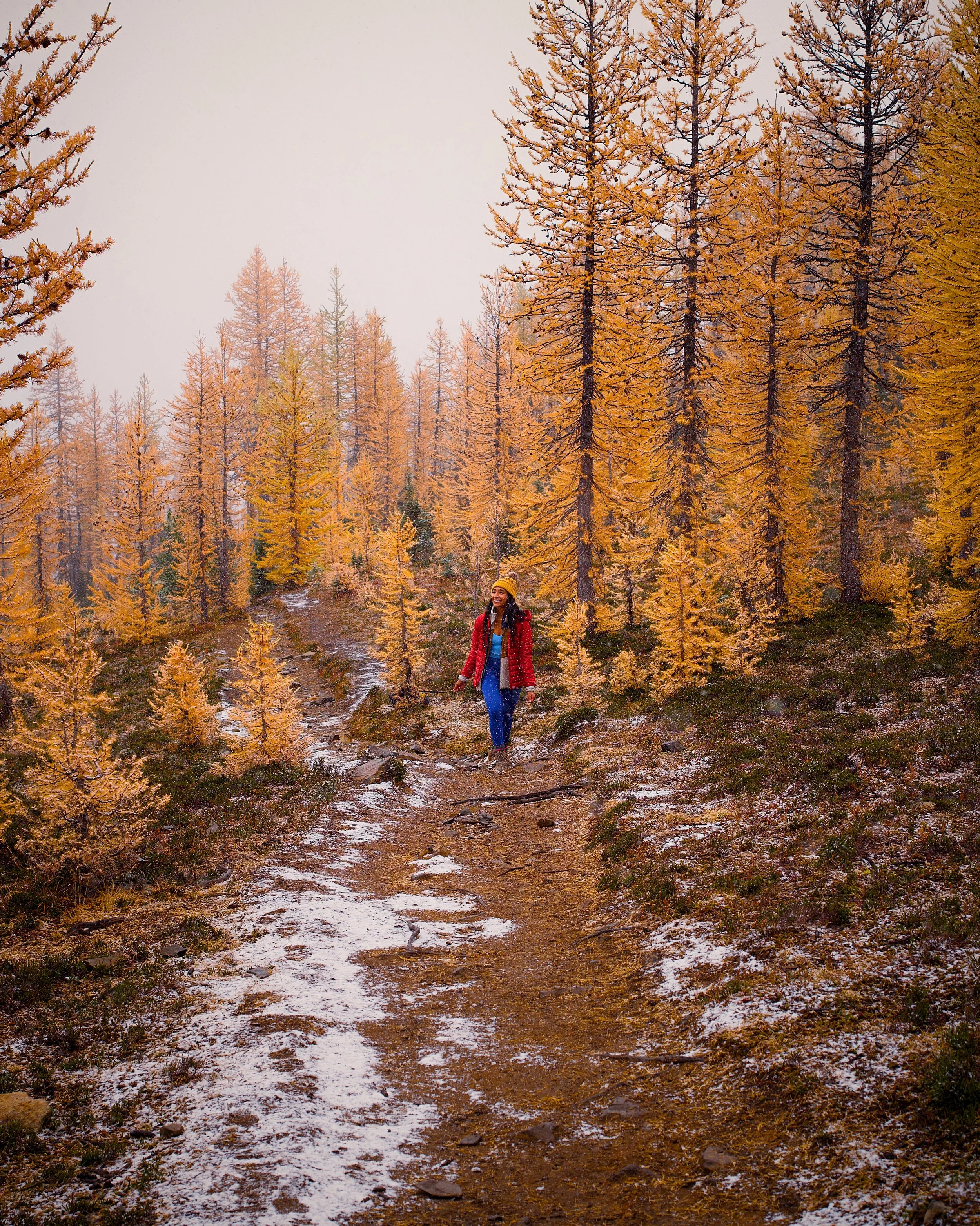A person hiking on a forest trail with orange autumn trees and patches of snow on the ground.