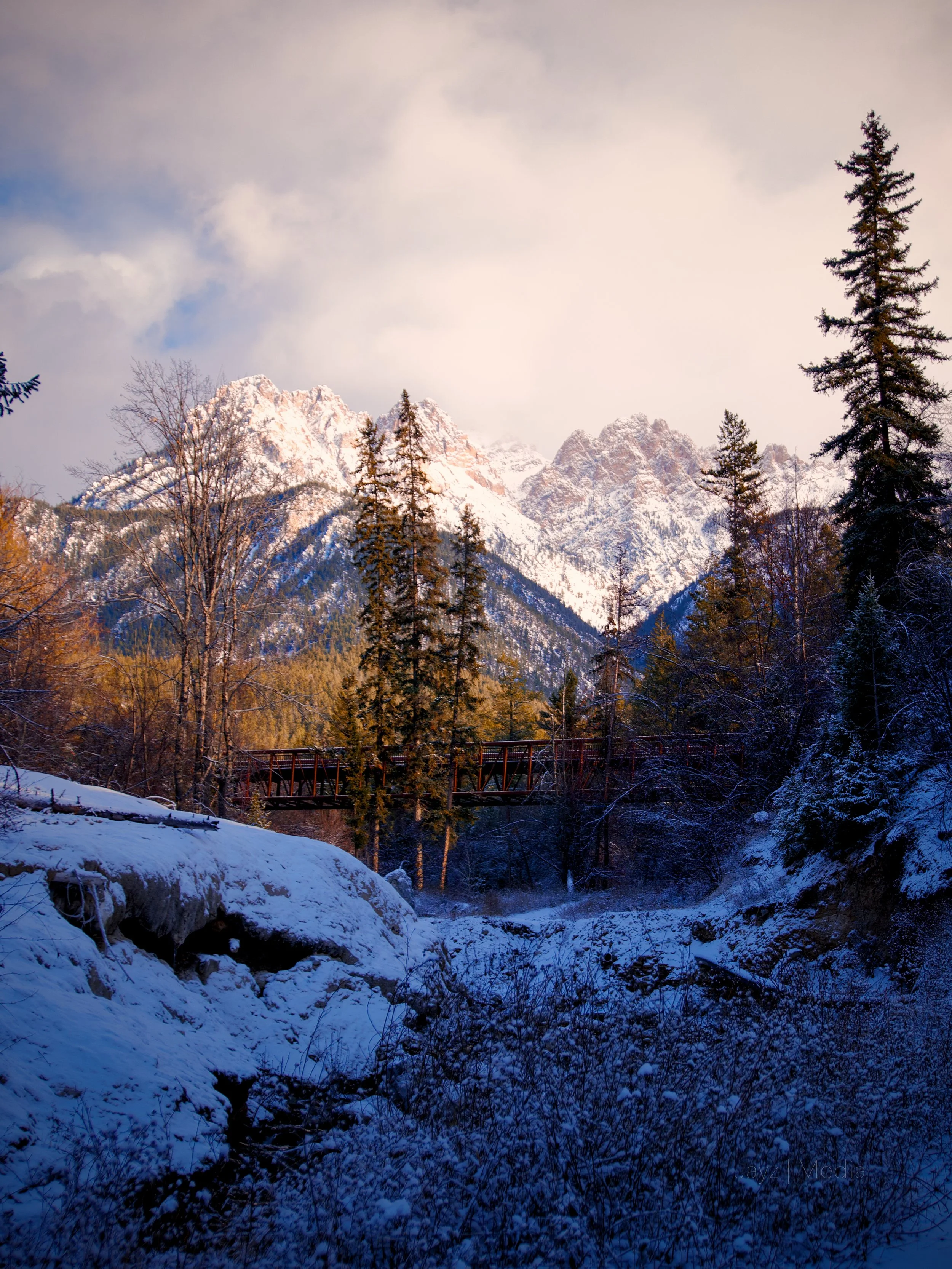 Snow-covered rocky mountains with pine trees and a wooden bridge in a forested valley during winter.