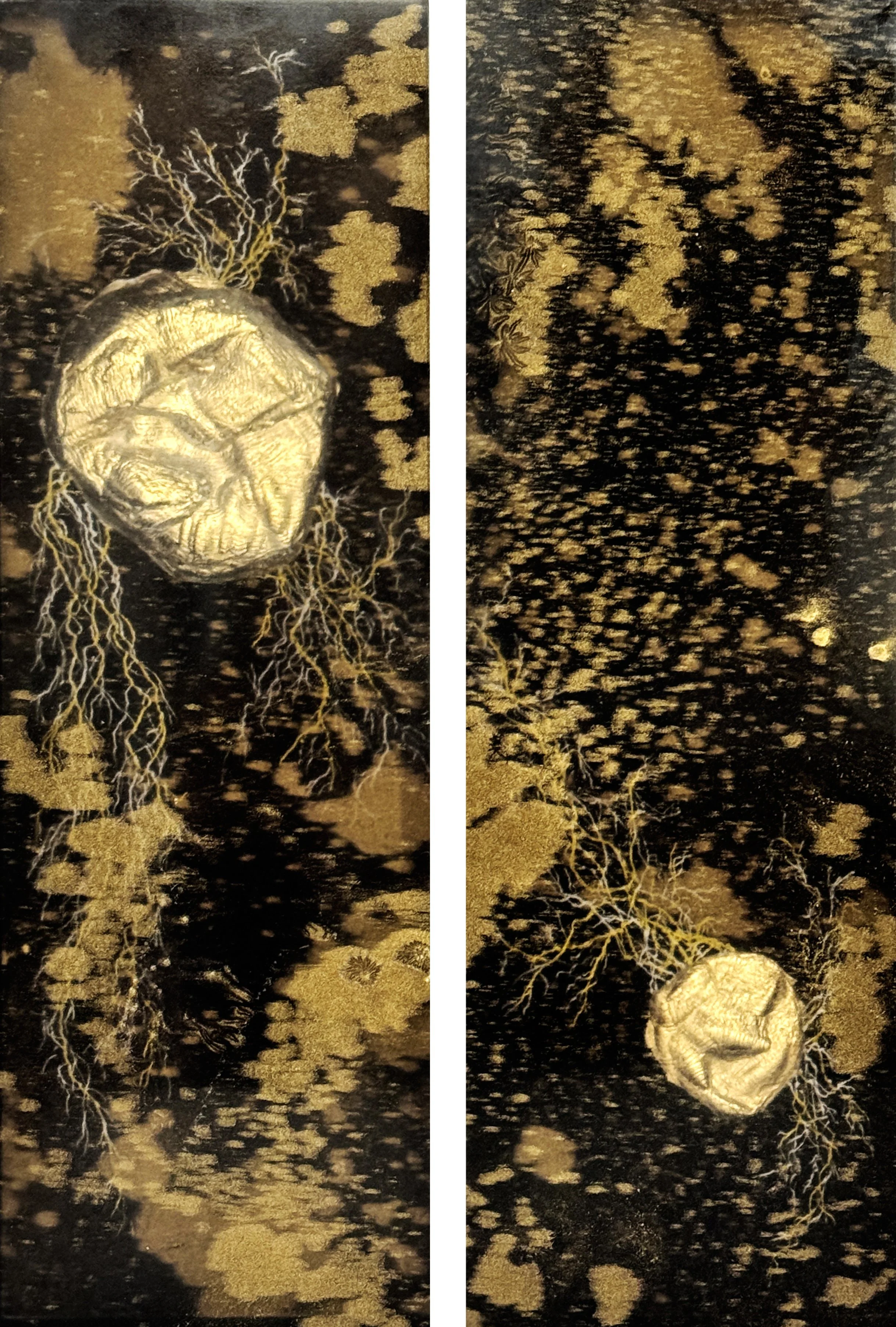 Pull of the Disconnect, 2025 cast resin metallic powder, back carving and engraving, gold leaf 12"x18"x1.5"