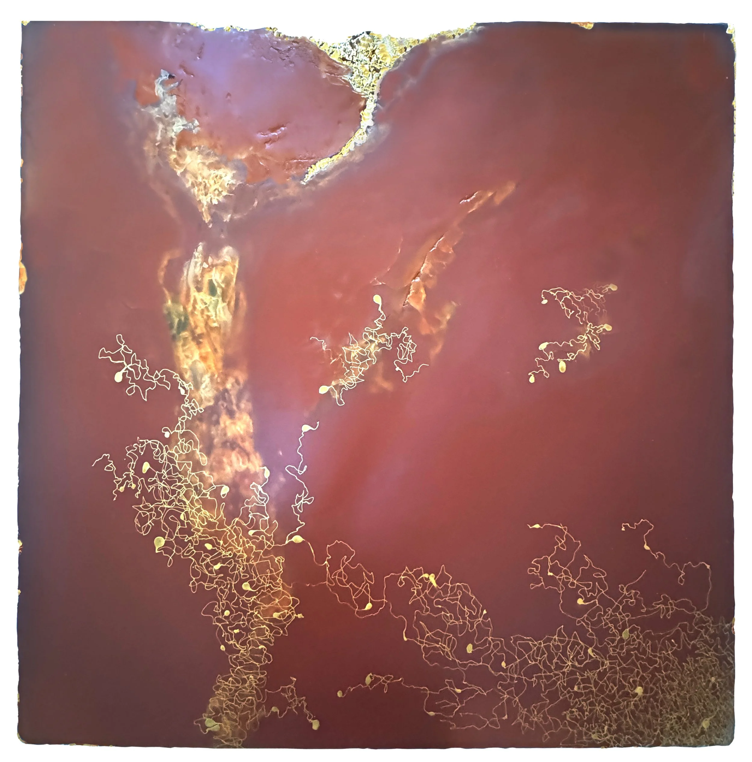 Entangled Vortex, 2025 cast resin, metallic gold marker, gold leaf 36"x36"x1.5"