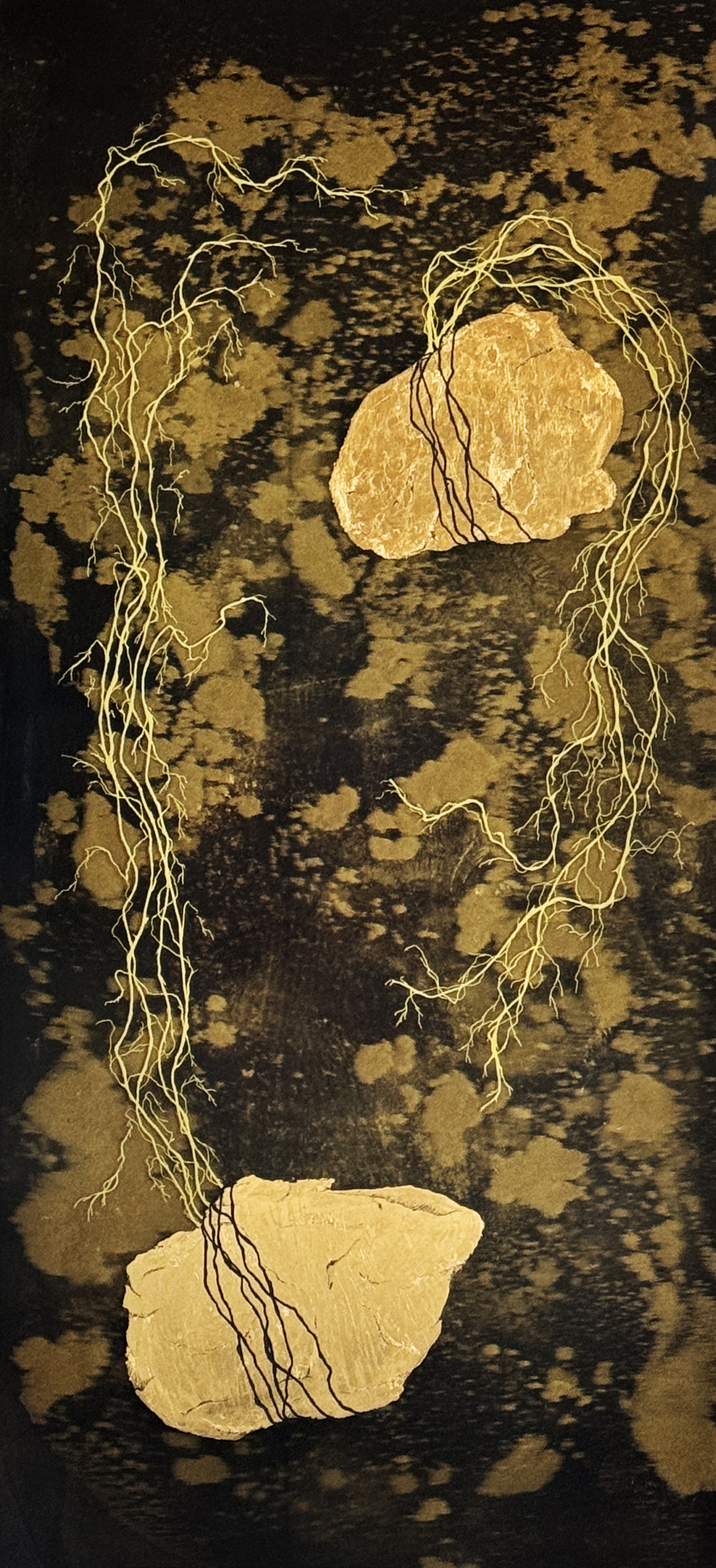 Duo Limbo, 2025  cast resin, gold metallic powder, gold leaf, ink marker  42"x19"x1"  