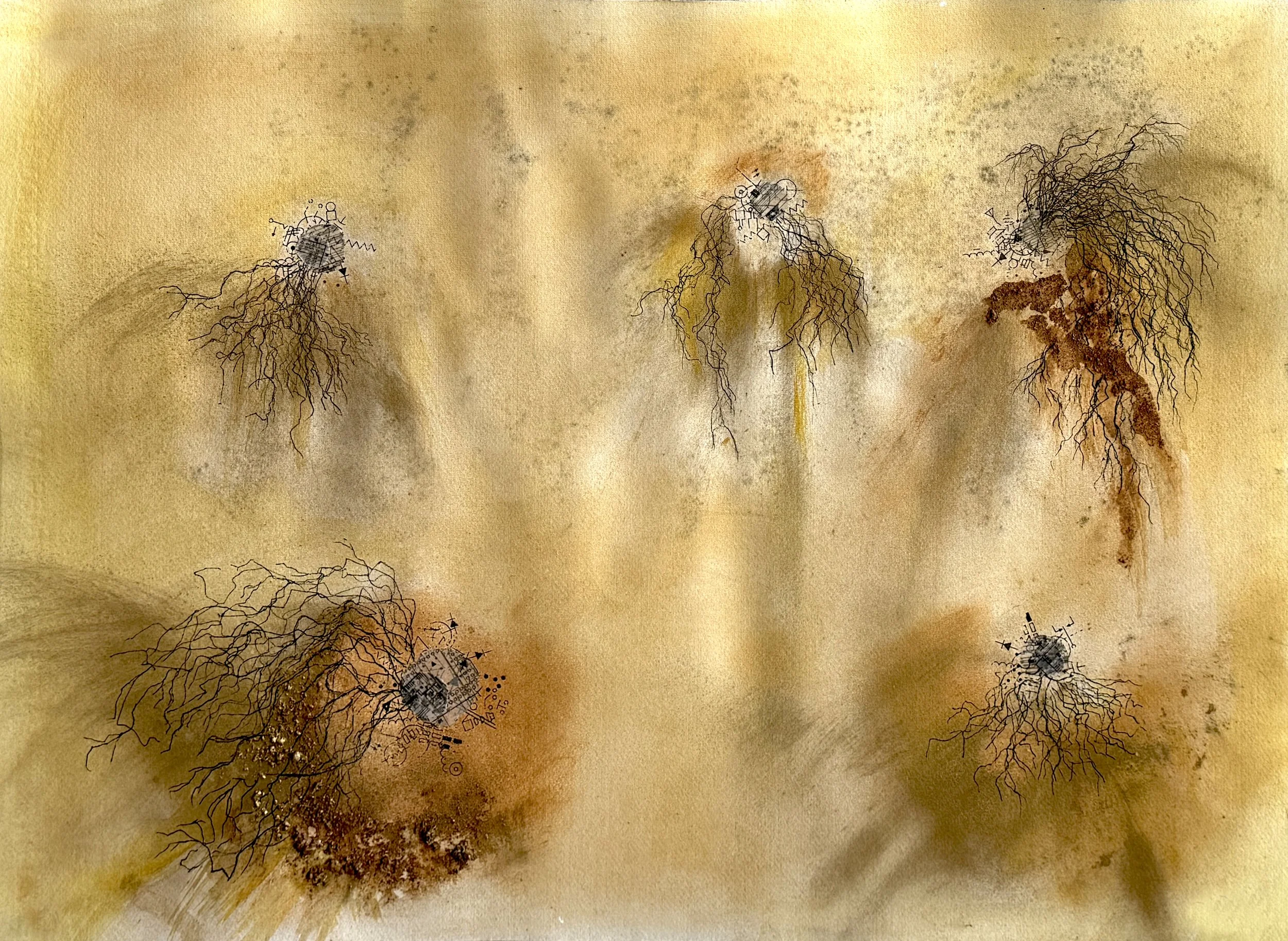Uprooted 2, 2025 earth, pastel, dry transfer symbols, ink drawing on Fabriano paper 22"x30"