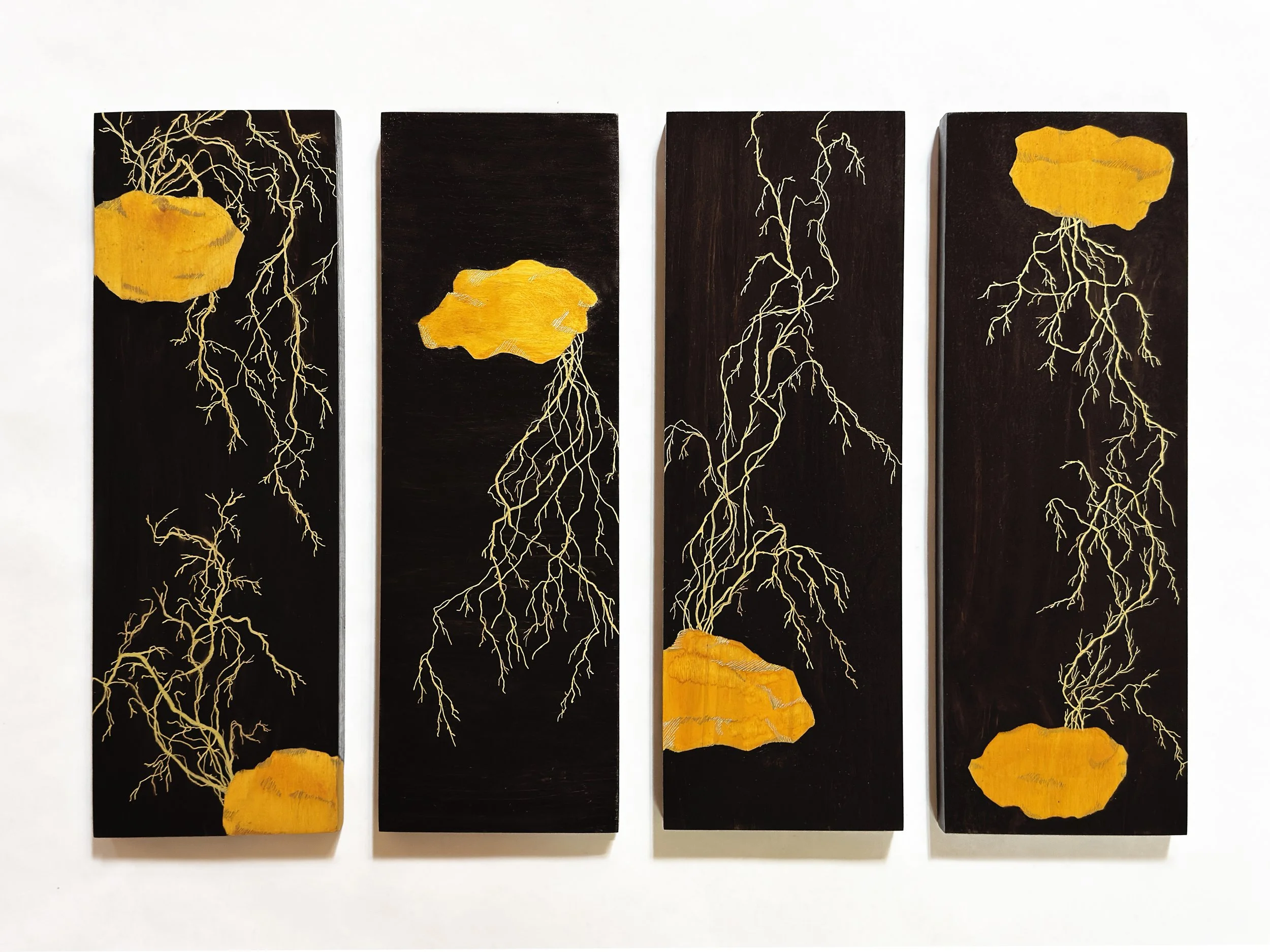 Golden States (1-4), 2025 translucent and metallic inks on stained wood panels
6"x18"x1" each