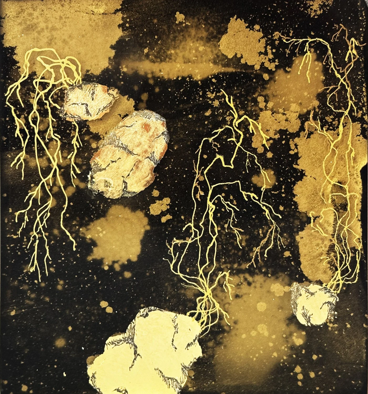 Uprooted In Time, 2025 cast resin, metallic powder, gold leaf, etching
6"x7"x1.25"