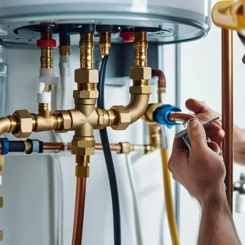 A technician inspecting and maintaining a residential water heater unit, checking connections, safety components, and system performance for reliable hot water.
