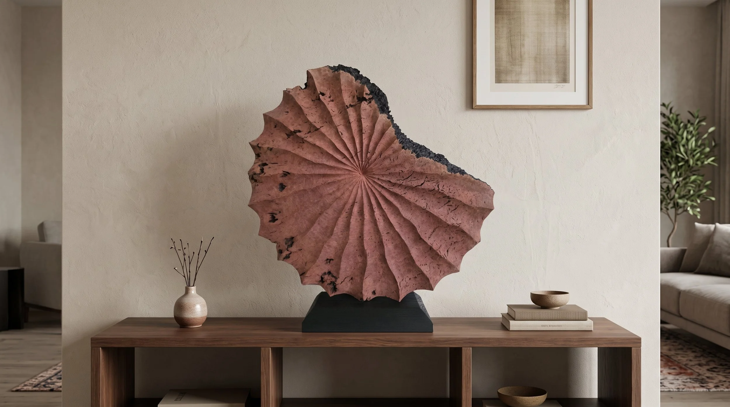 Agni, a fluted Red Mallee burl sculpture, on a walnut console in a living room