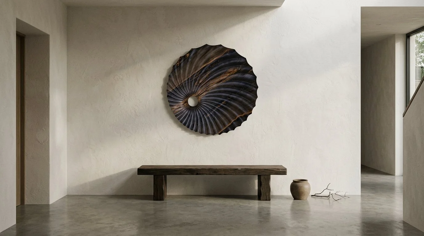 Eye of the Tiger, a round fluted bog oak and bronze resin wall sculpture, hung above a dark wooden bench in a pale room