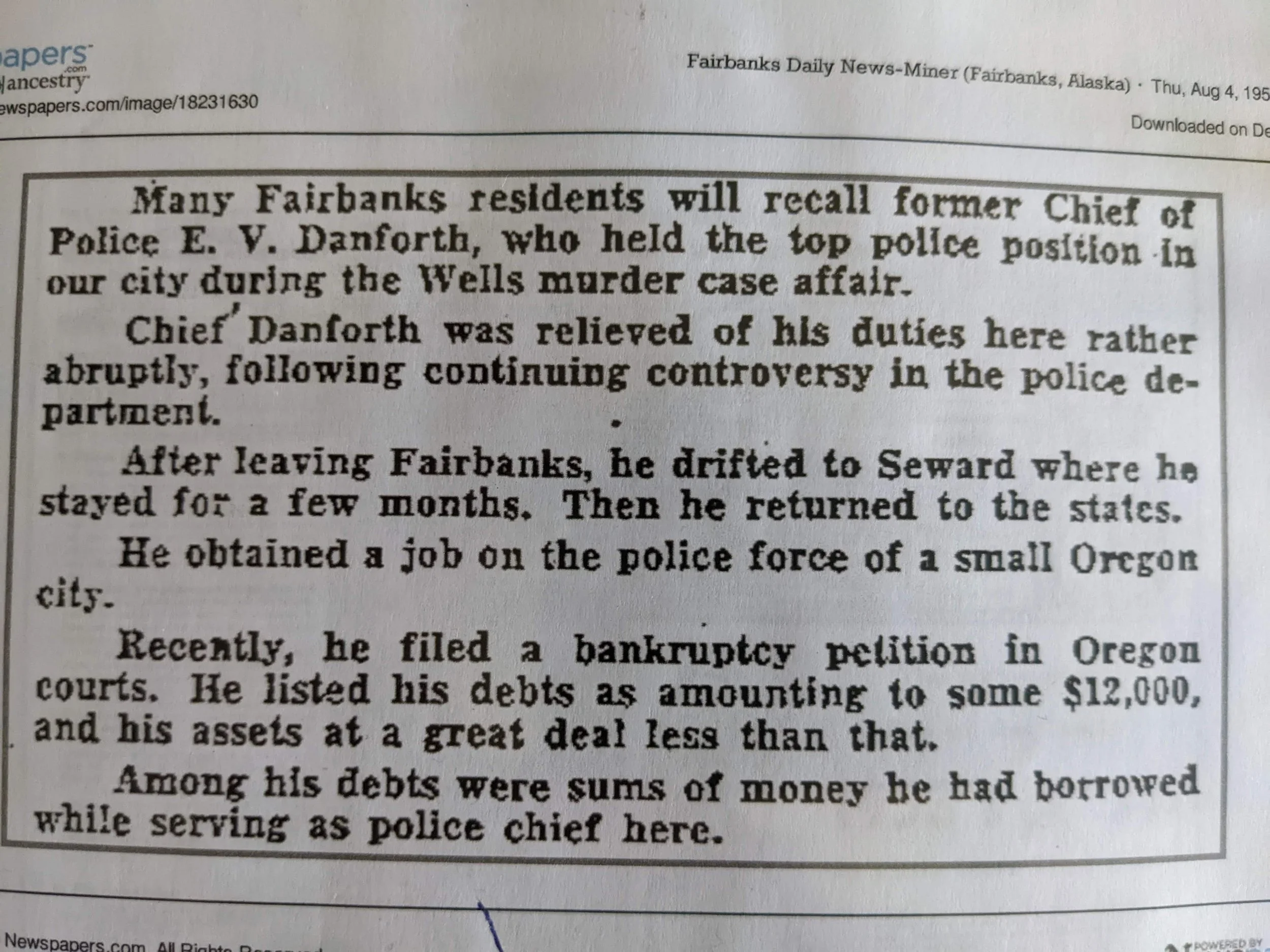 August 4, 1955 - Whatever happened to Chief of Police EV Danforth, who resigned six weeks after the murder of Cecil Wells...