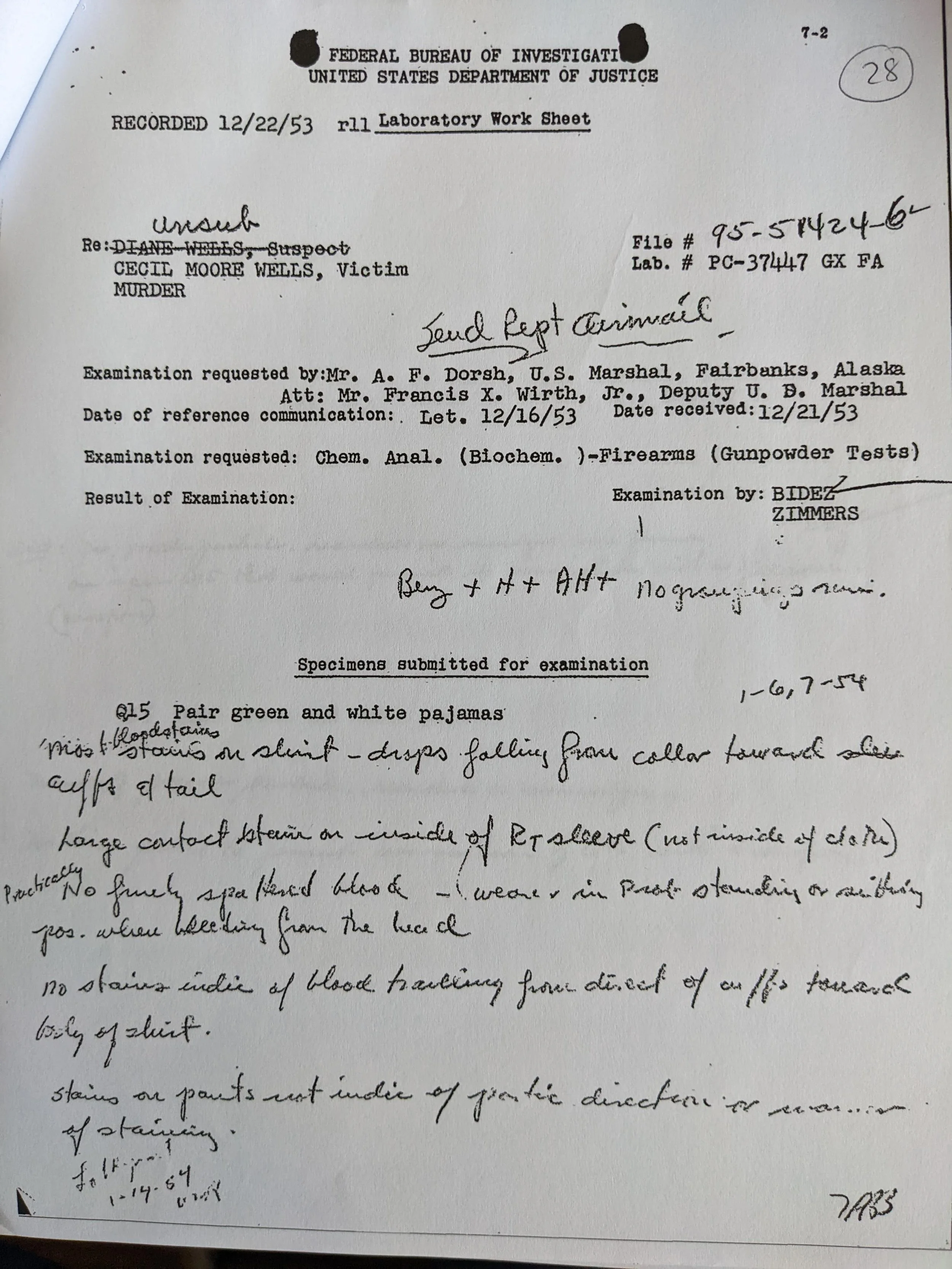 CASE NOTES #1 - Dec 16, 1953 - the US Marshal in Fairbanks belatedly submits the soiled pajamas Diane was wearing when she said she was attacked to the FBI for analysis. 