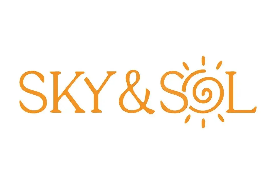 The logo features the words 'SKY & SOL' in orange, with a stylized sun and swirl design incorporated into the letter 'O' in 'SOL'.