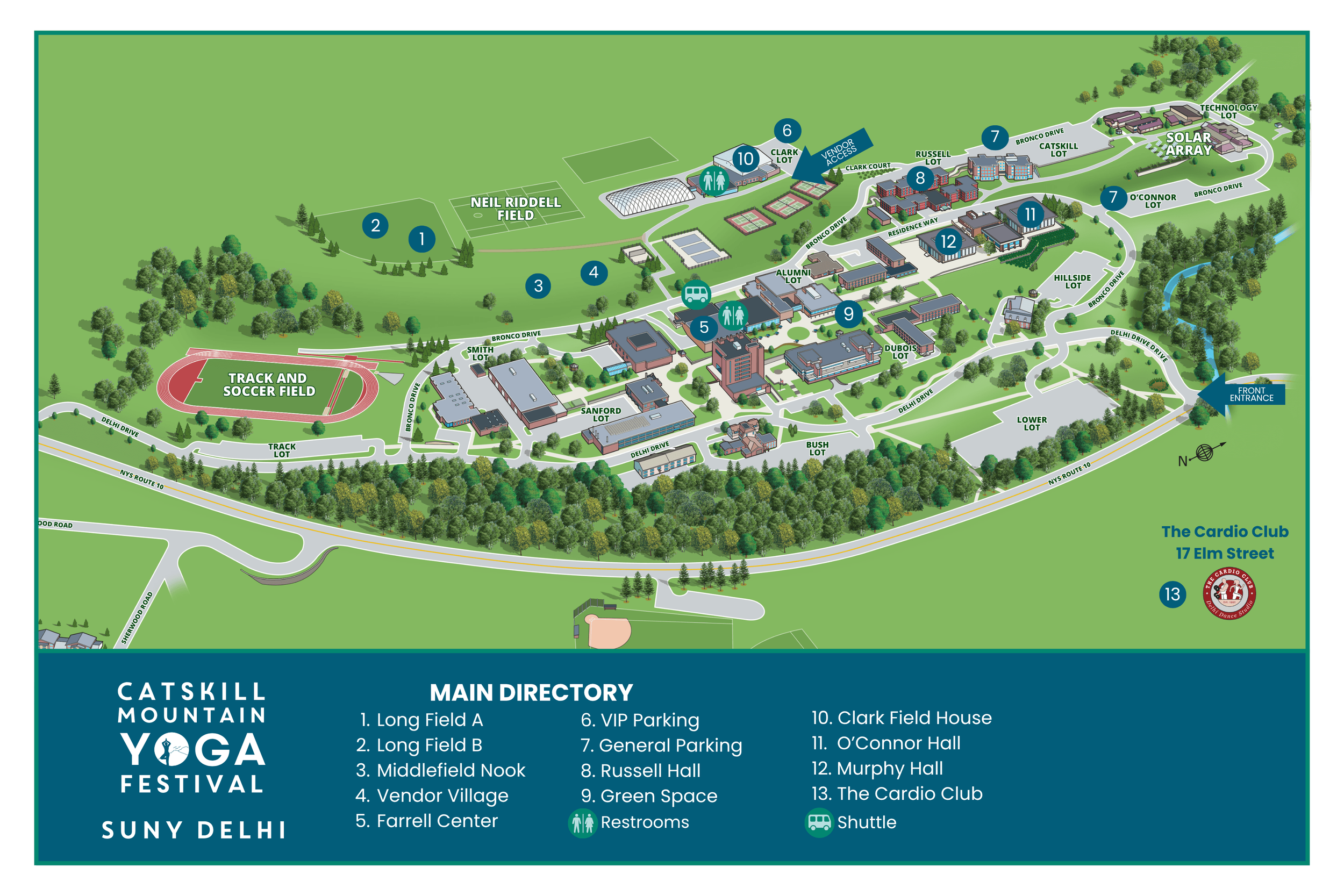 SUNY Delhi campus map with keys relevant to the Catskill Mountain Yoga Festival