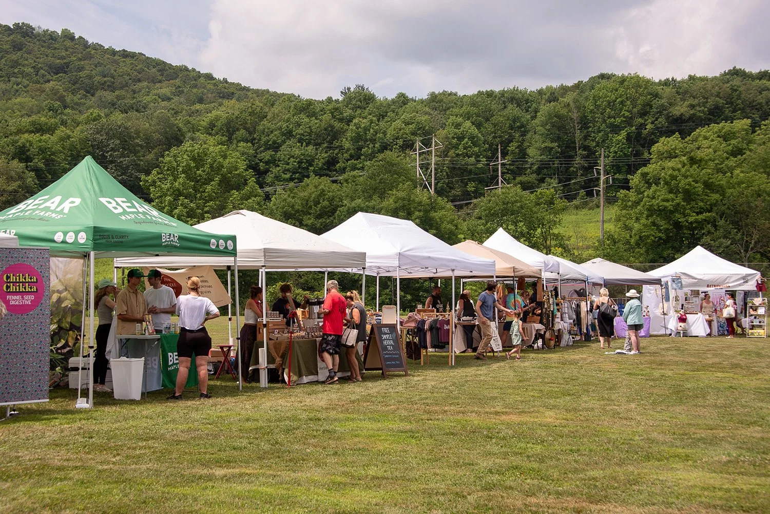 Outdoor market with multiple white tents set up on a grassy field, vendors selling items, and people browsing. Green trees and hills in the background under a partly cloudy sky.
