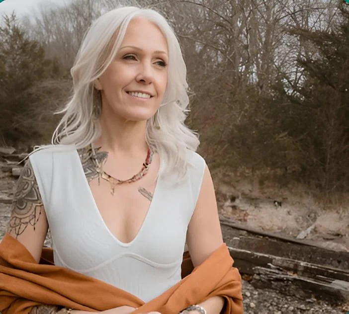 A smiling woman with platinum-blonde hair, visible tattoos, and a beaded necklace sits outdoors in a white top and rust-orange wrap, with a rocky creek bed and bare trees behind her.