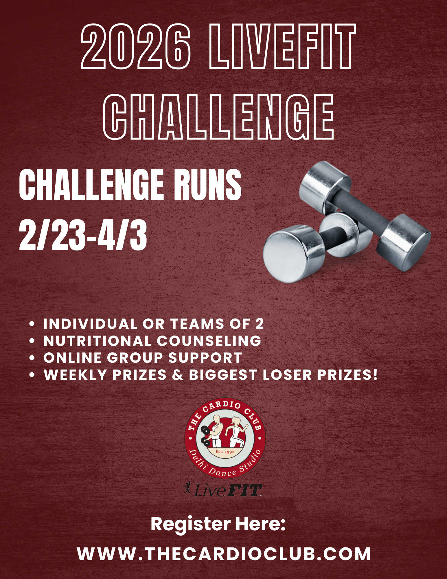 Poster for the 2026 LiveFit Challenge, taking place from February 23 to April 3, with information about individual or team participation, nutritional counseling, online support, weekly prizes, and registration URL.