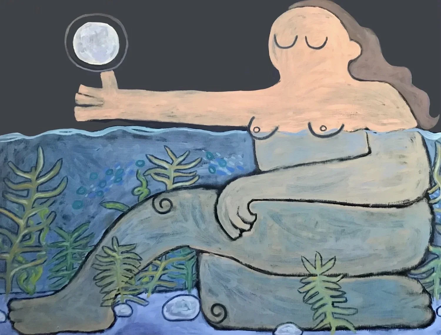 by the water she waits oil on wood panel 2 feet 10 inches by 3 feet 10 inches