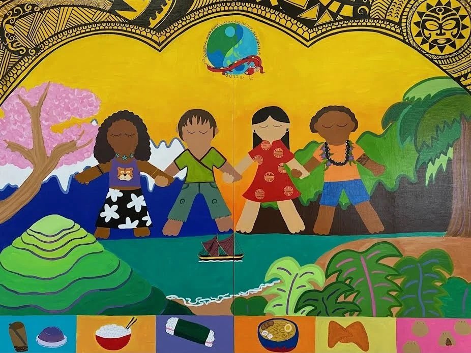 Asian Pacific Islander Heritage Mural for the AAPI Club of Eureka High School acrylic on wooden panel 5 feet by 8 feet