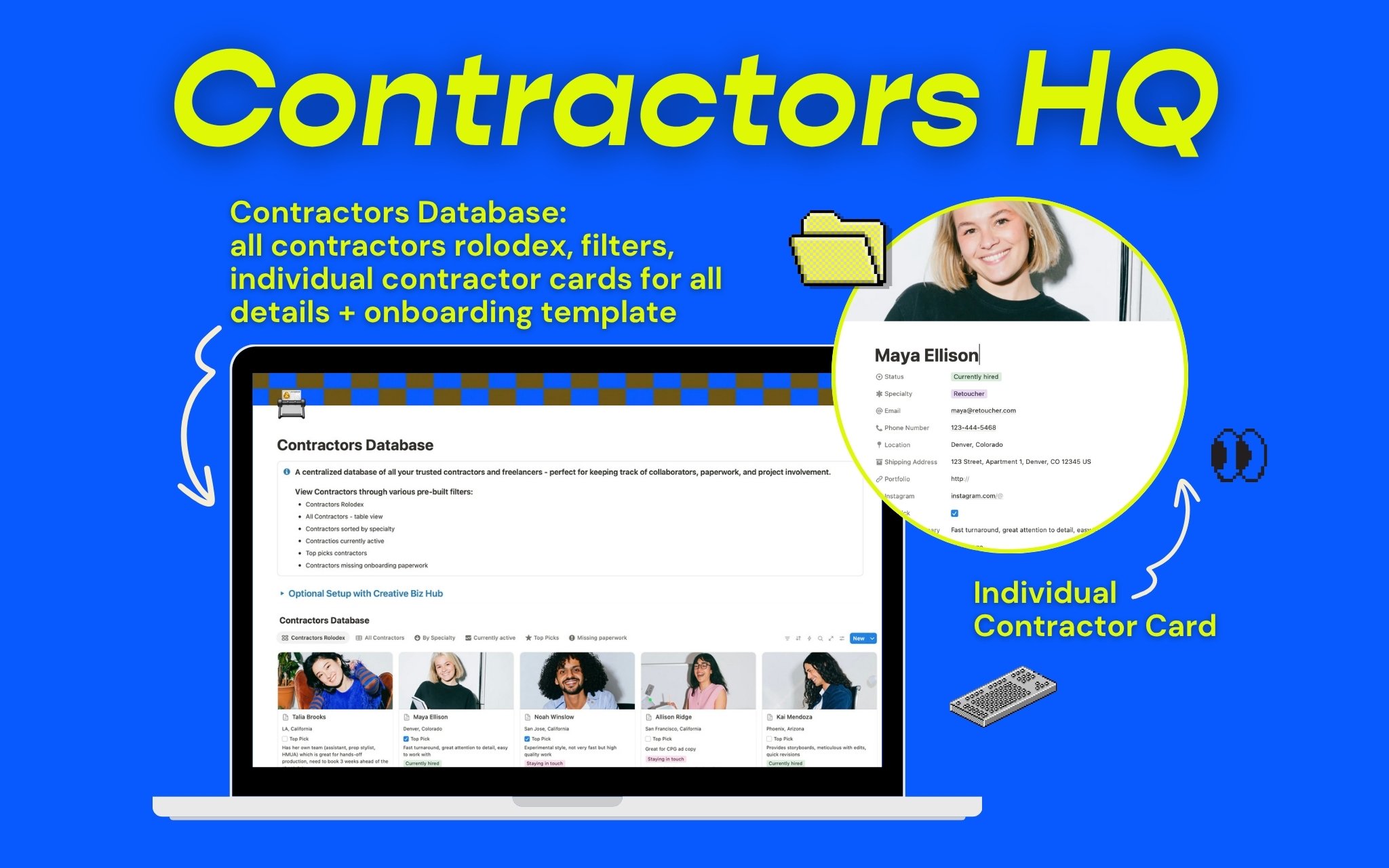 Track all your go-to collaborators with roles, rates, locations, strengths, and linked projects.
