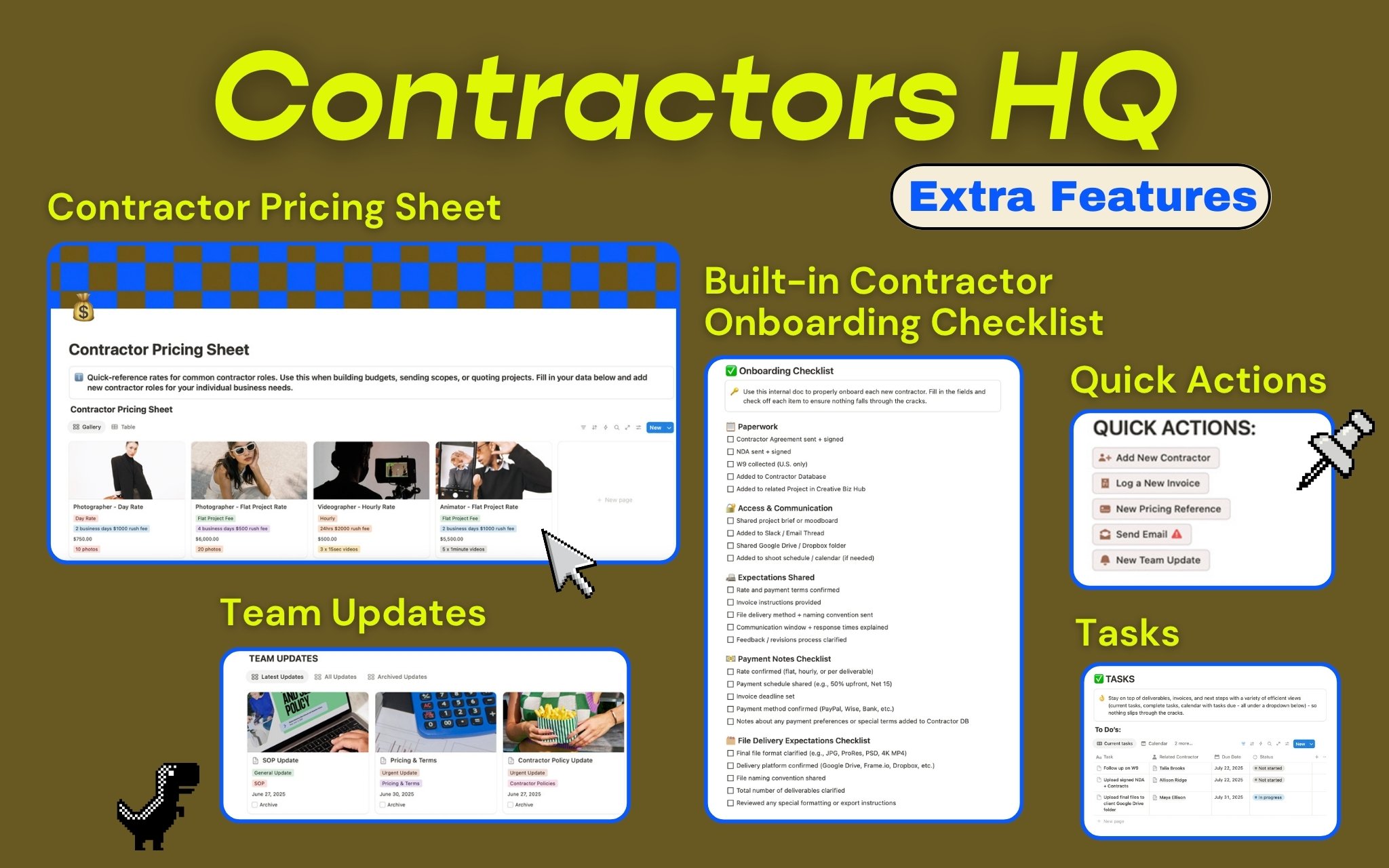 Extra features included : SOPs & Checklists
(perfect for training new team members), quick actions, tasks manager, Contractor Pricing Sheet, Team Updates and even Contractor Roster Google Form Template!