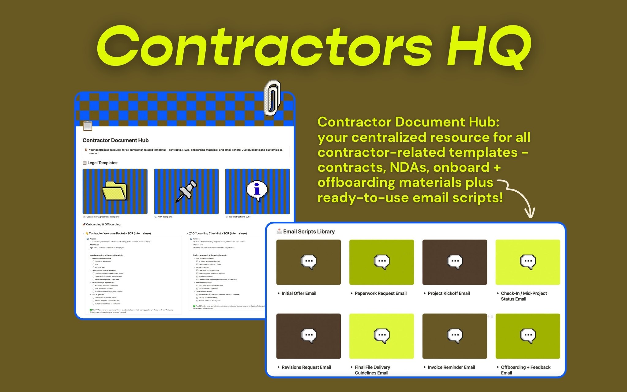 Store contracts, NDAs, onboarding packets, and email scripts all in one place. Templates provided!