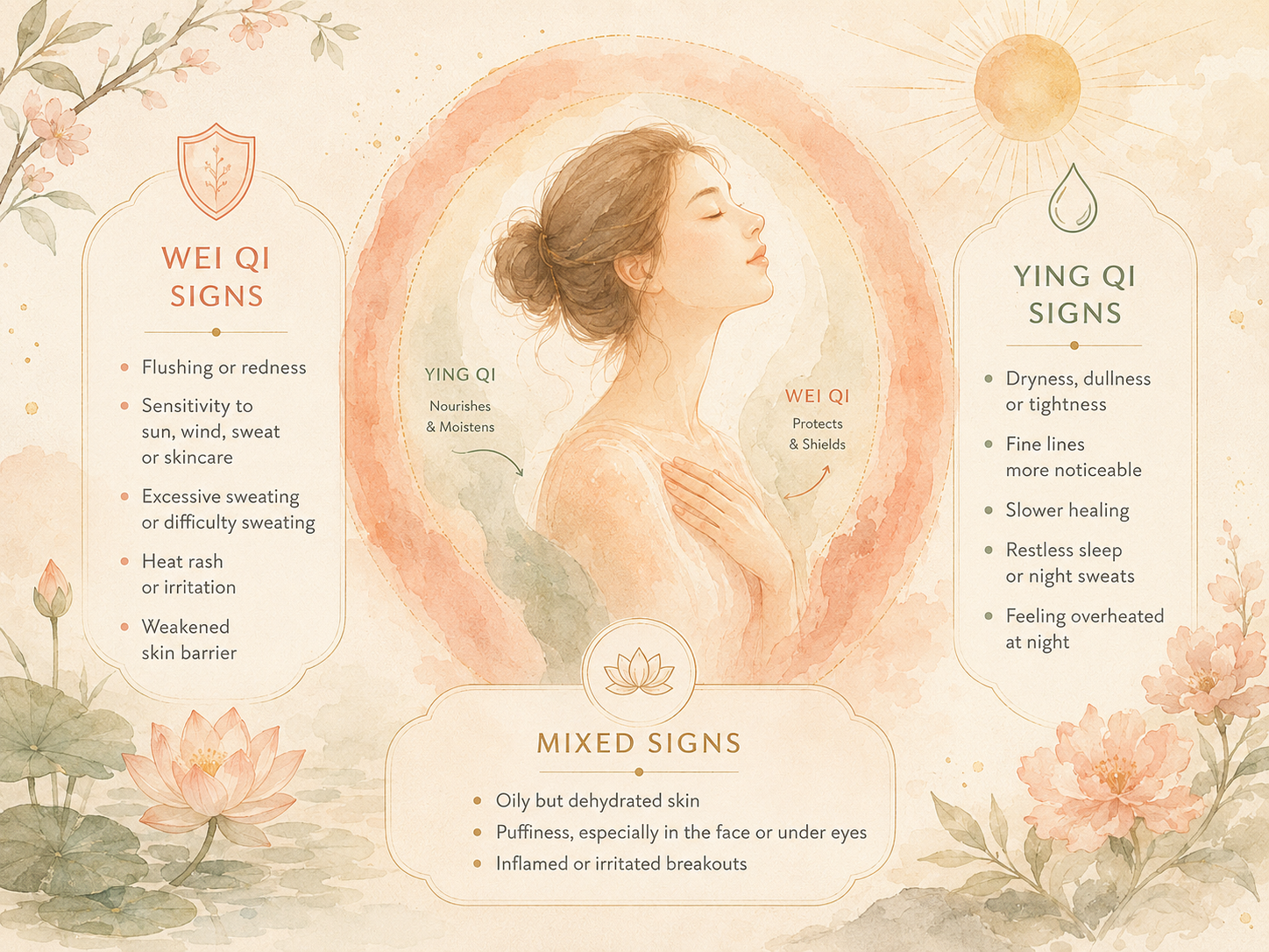 Soft wellness illustration representing signs of Ying-Wei imbalance in summer skin
