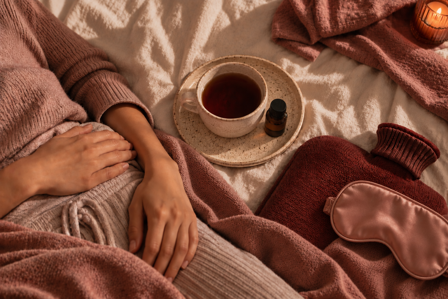 Cozy menstrual phase ritual with warm tea and soft natural textures representing rest, release, and the beginning of a new cycle.