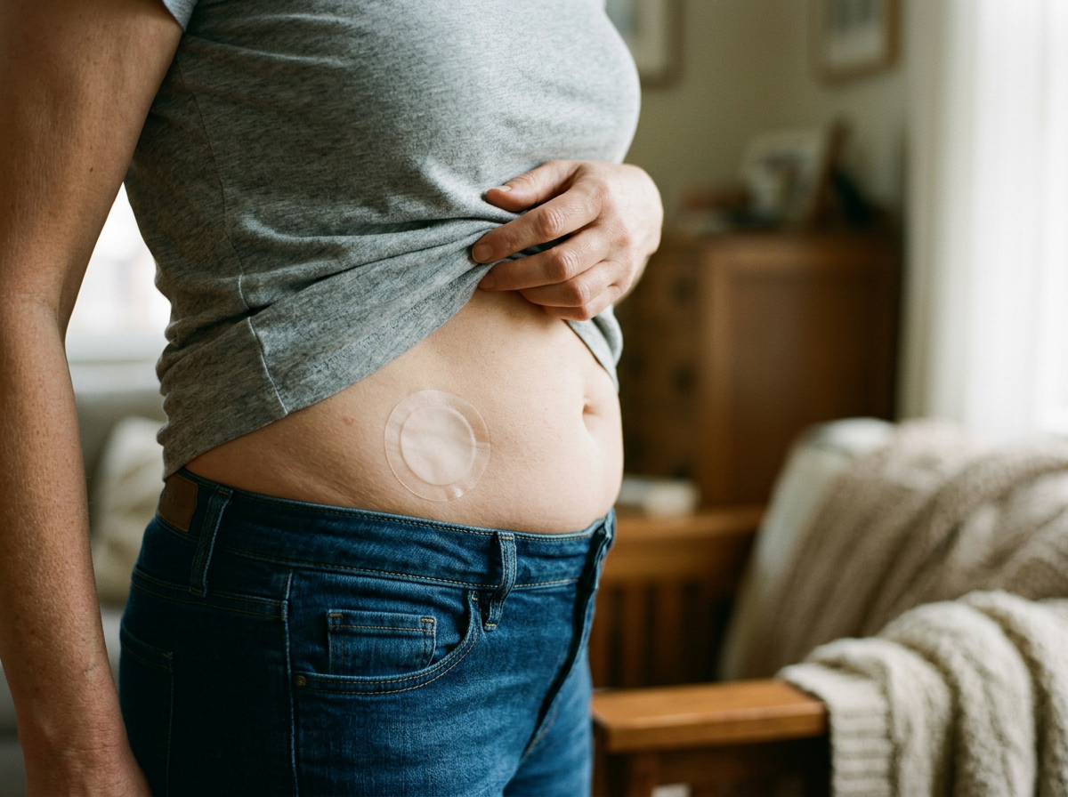 perimenopausal woman with estrogen patch applied on abdomen.