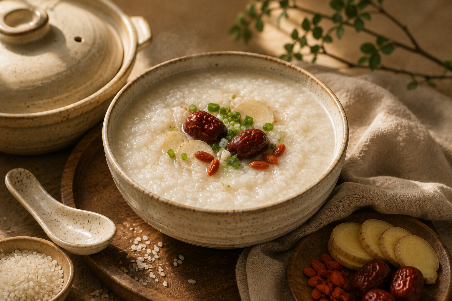 A nourishing bowl of rice congee with ginger, jujube, goji berry, and scallion topping